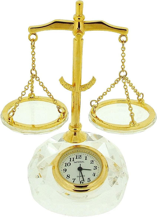 Miniature Clock Gold Plated Alloy & Crystal Balance Scales IMP513 - CLEARANCE NEEDS RE-BATTERY