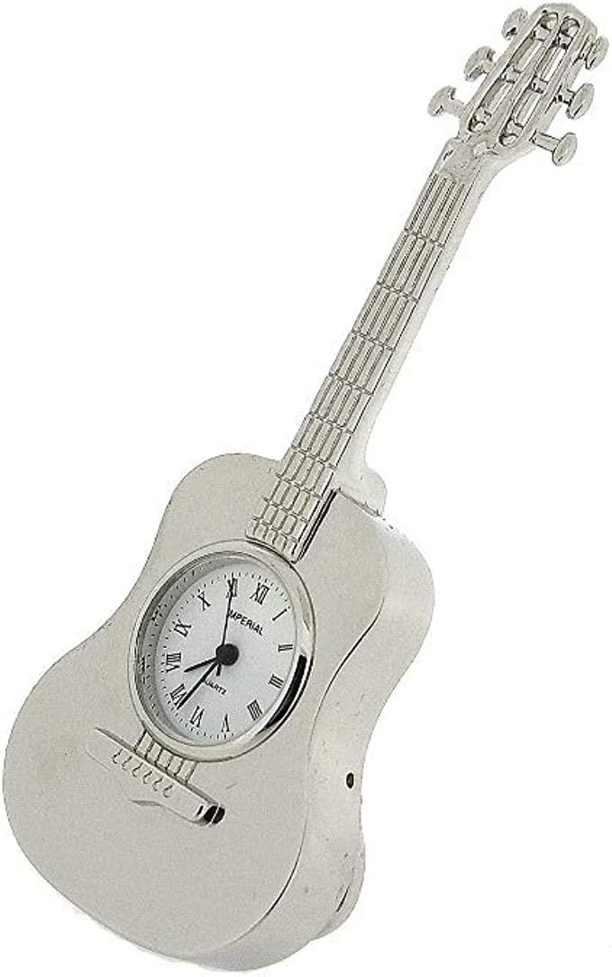 Miniature Clock Silver Plated Free-Standing Guitar Solid Brass IMP86S - CLEARANCE NEEDS RE-BATTERY