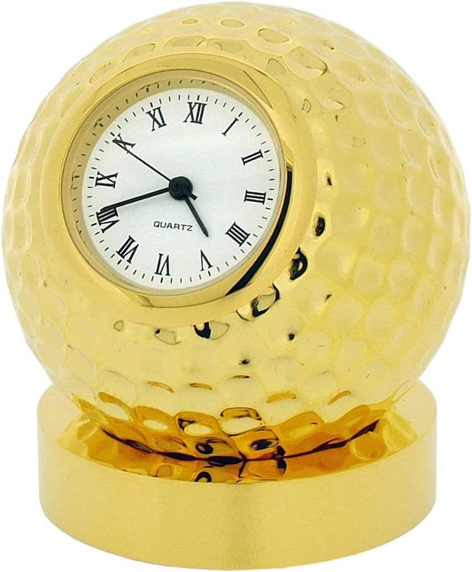 Miniature Clock Goldtone Plated Metal Golf Ball on Stand Solid Brass IMP25 - CLEARANCE NEEDS RE-BATTERY