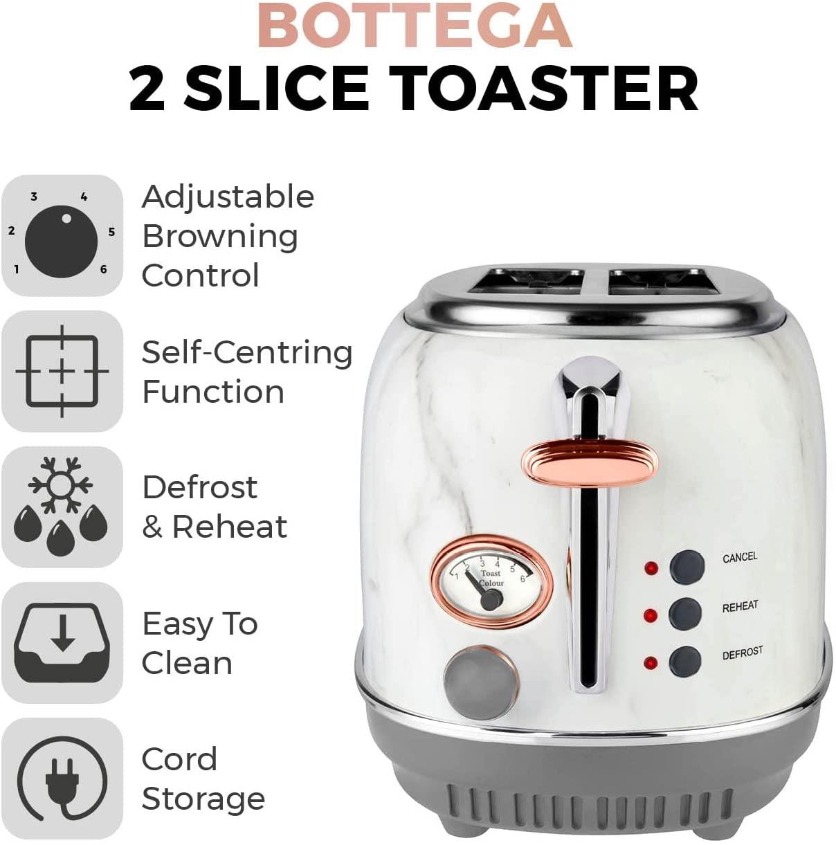 Tower 2 slice Stainless Steel Toaster with Adjustable Browning Control, Defrost and Reheat Settings, White Marble and Rose Gold- T20016wmrg