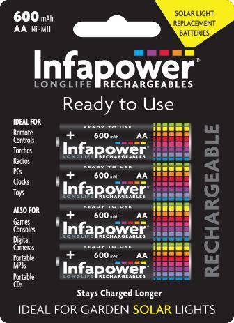 Infapower Rechargeable Batteries AA 600mAh (4pcs) Ni-Mh (Ideal for Garden Solar lights) B008