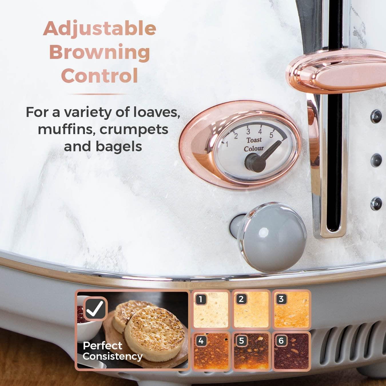 Tower 2 slice Stainless Steel Toaster with Adjustable Browning Control, Defrost and Reheat Settings, White Marble and Rose Gold- T20016wmrg