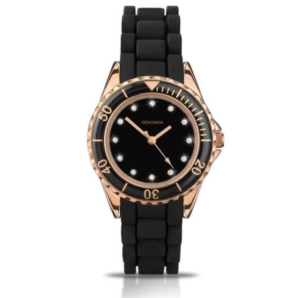 Sekonda Ladies Black Dial Rubber Silicon Strap Watch 4743