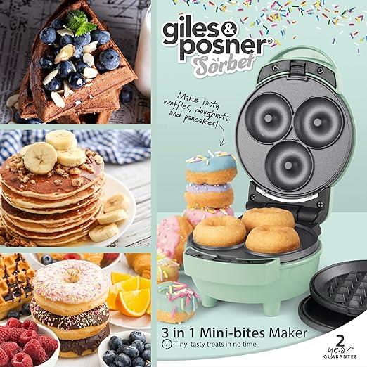 Giles & Posner 3 in 1 Mini-Bites Maker - Non-Stick Cooking Plates, Doughnut, Waffle, and Pancake Maker