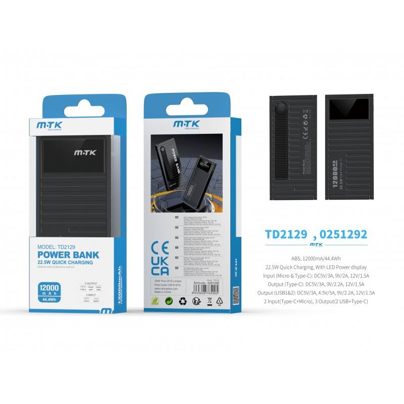 MTK 12000mAh/44.4Wh Power Bank, Fast Charging PD 22.5W, with digital display