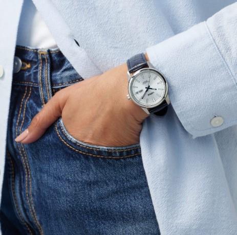 Lorus Ladies Automatic Fashion Day date Analogue Quartz Silver Sunray Dial with Blue Leather Strap Watch