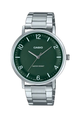 Casio Men's Analog Green Dial with Silver Stainless Watch