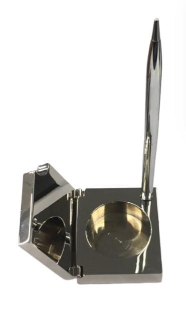Miniature Clock Silver Plated Solid Brass Clock with Silver tone Ball Pen IMP408S - CLEARANCE NEEDS RE-BATTERY & Refill