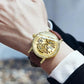 NY London Mens Automatic Hollow mechanical Dial Analogue Gold/Brown Leather Strap Watch