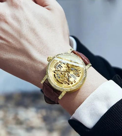 NY London Mens Automatic Hollow mechanical Dial Analogue Gold/Brown Leather Strap Watch