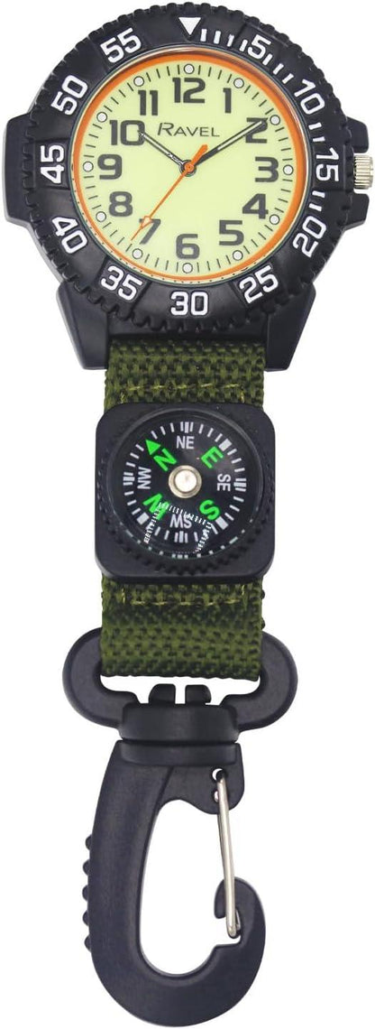 Ravel Mens Fashion Nylon Clip-On Carabiner with Compass and Luminous Dial Analogue Watch Available Multiple Colour