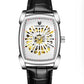 NY London Mens Automatic Hollow mechanical Dial Analogue Silver/Black Leather Strap Watch