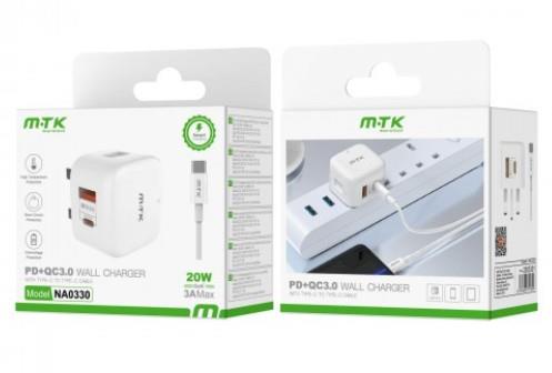 M.TK NA0330 TypeC 20W PD & USB 3A QC Wall Charger with TypeC to TypeC Fast Cable, White Woox