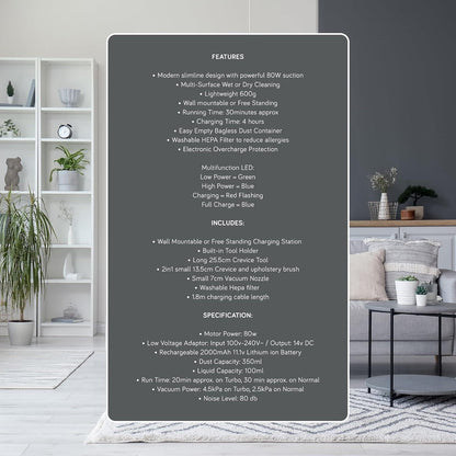 HomeLife Cordless Hand Held 11.1v Vacuum - Grey