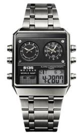 S135 Mens Chronograph Fashion Ana Digital Square Big Dated Dial Stainless Steel Bracelet Watch NY London Available Multiple Colour