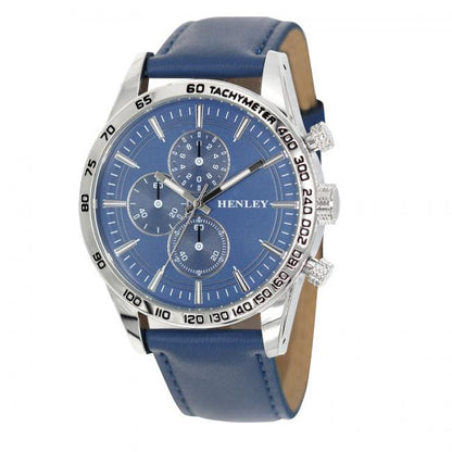 Henley Mens Polished Silver Sports Multi Eye Dial Leather Strap Watch H03016 Available Multiple Colour