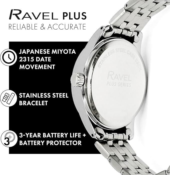 Ravel Mens Fashion Sports 42mm Round 5ATM Dated Dial Uni-Directional Bezel Silver Plated Bracelet Watch RPD-MB Available Multi Colors