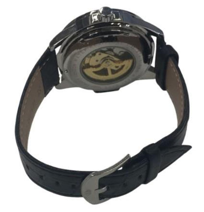NY London Mens Automatic Dial Analogue Silver/Black Leather Strap Watch