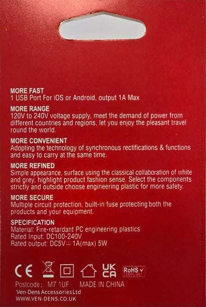 Ven-Dens USB Charger 1 AMP Plug