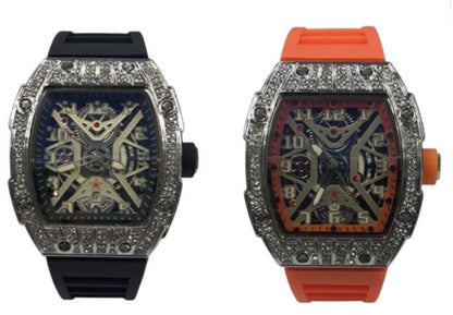 New Rubber Gents Silver Bling Fashion Quartz Movement Dated Skeleton Clear Dial Rubber Strap Watch Available Multi Colour NY London