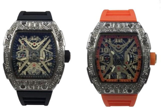 New Rubber Gents Silver Bling Fashion Quartz Movement Dated Skeleton Clear Dial Rubber Strap Watch Available Multi Colour NY London