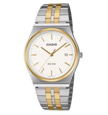 Casio Mens Basic Fashion Water resistant Dated White Dial 2 Tone Stainless Steel Bracelet Watch