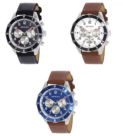 Henley Mens Fashion Multi Eye Classic Sports Leather Strap Watch H02213 Available Multiple Colour