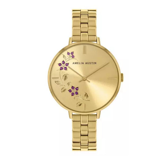 Amelia Austin Ladies Floral Gold Stainless Steel Bracelet Pink Stone Set Etched Dial Watch AA4006