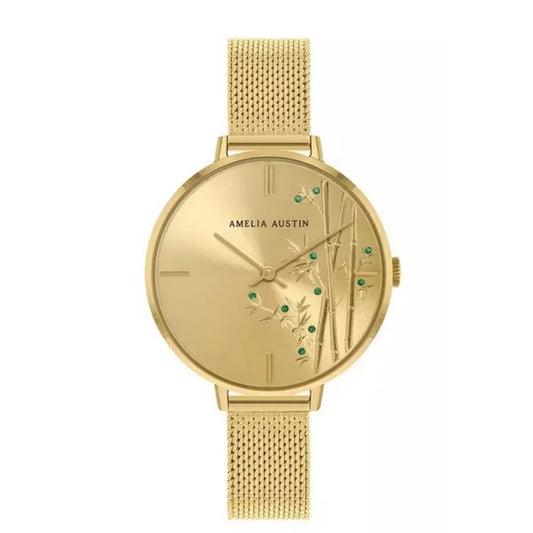 Amelia Austin Ladies Bamboo Pale Gold Stainless Steel Mesh Green Stone Set Etched Dial Watch AA4016