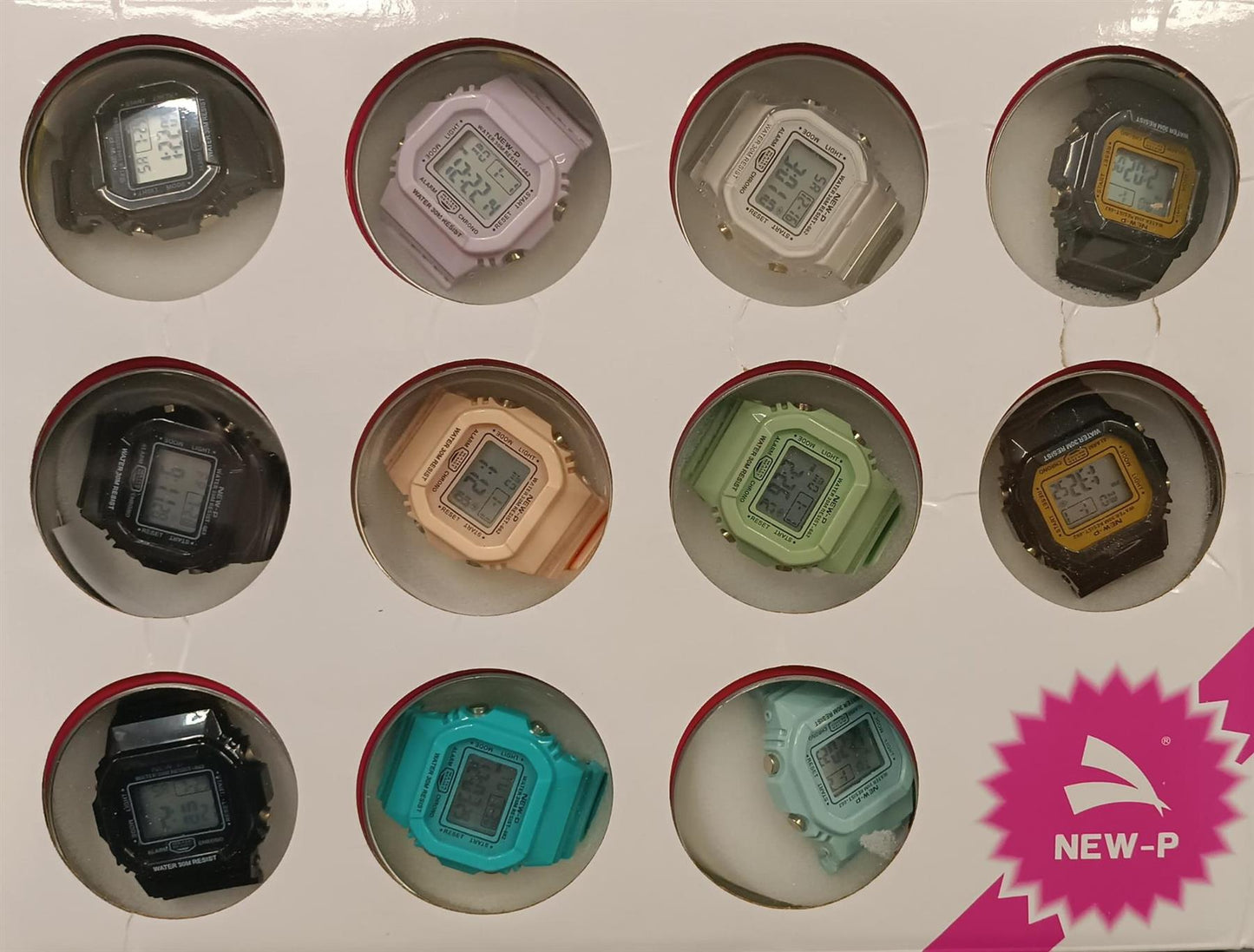 POLIT Mens Ladies Digital Watch in Tin BOX of 12, Assorted Styles and Colours CW-0039