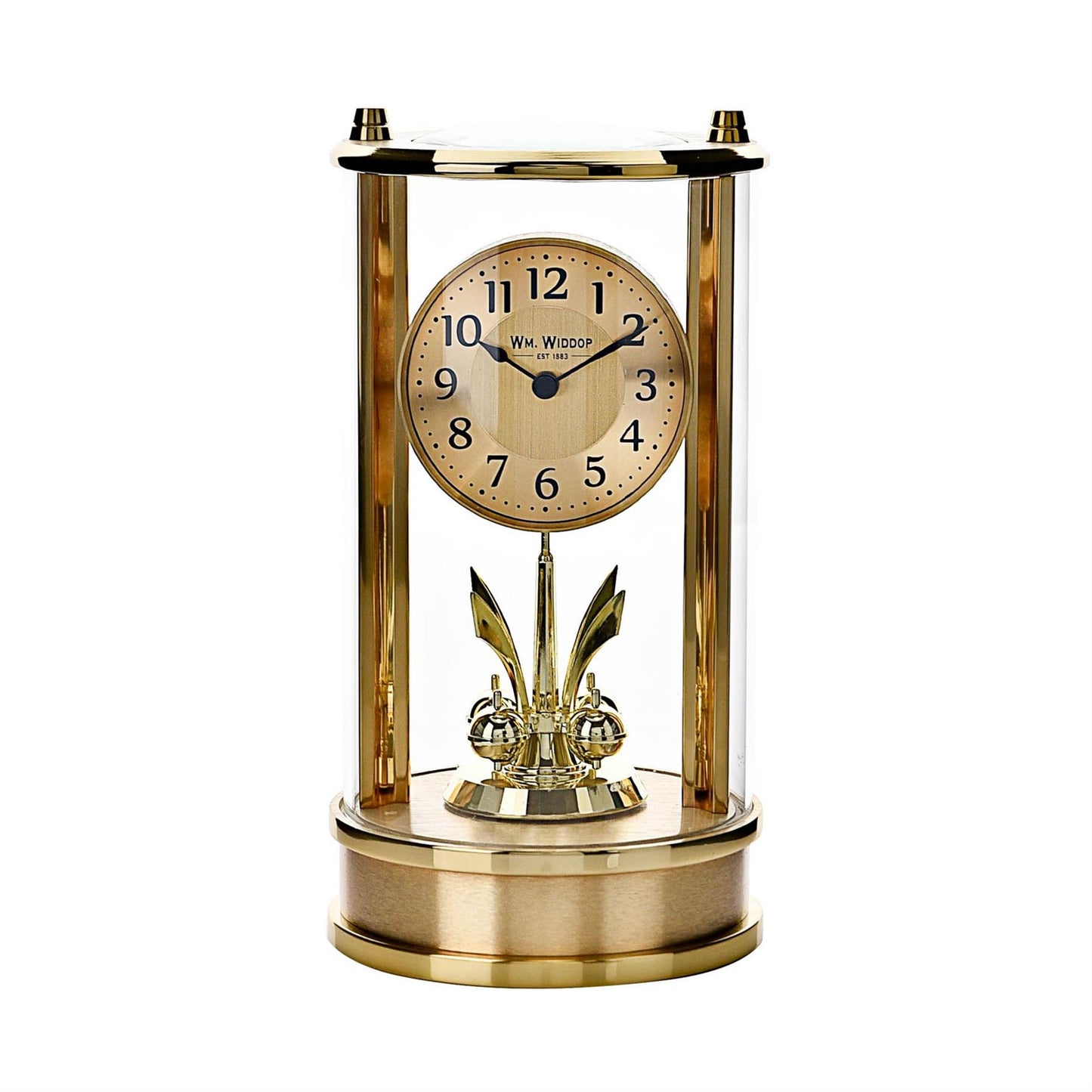 Wm. Widdop Gold Tone Skeleton Movement Cylindrical Mantel Clock