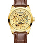 Longbo Mens Automatic Hollow mechanical Dial Analogue Gold/Brown Leather Strap Watch