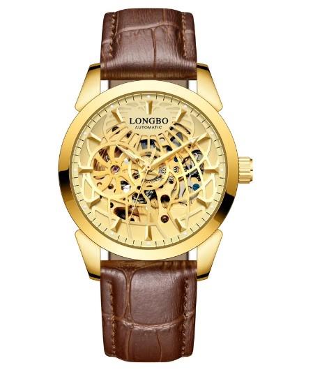 Longbo Mens Automatic Hollow mechanical Dial Analogue Gold/Brown Leather Strap Watch