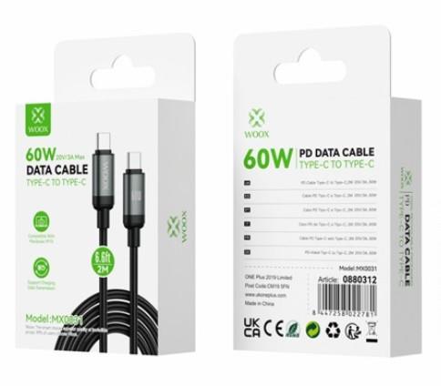 Woox MX0031 Type C to Type C Braided Data Cable, 60W 20V/3A Max, 6.6ft 2m, Black