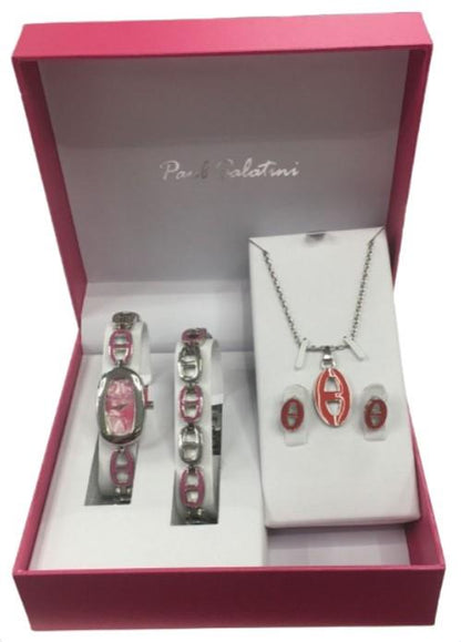 Paul Salatini Ladies Fashion Bling Dial Silver Bracelet Watch Bracelet, Necklace & Earrings Gift Sets 2541