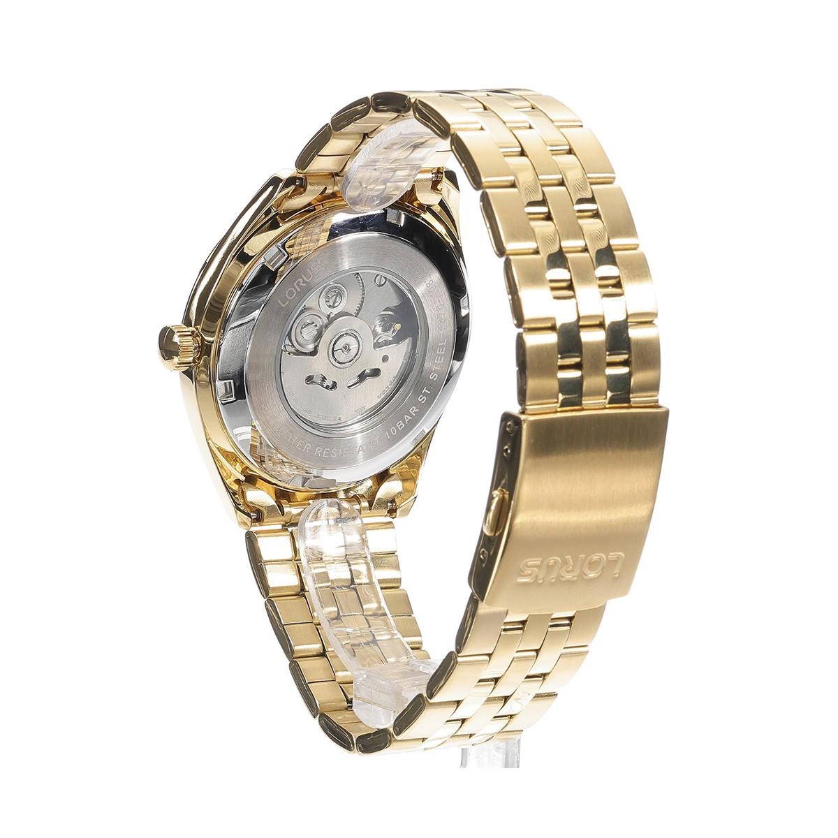 Lorus Mens sport Fashion Automatic Embossed Day Date 10ATM 42mm Black Dial Gold Plated Bracelet Watch