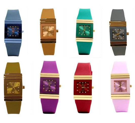 Clasico Ladies Water Resistant Bling Square Dial Rubber Strap Watch Available Multiple Colour