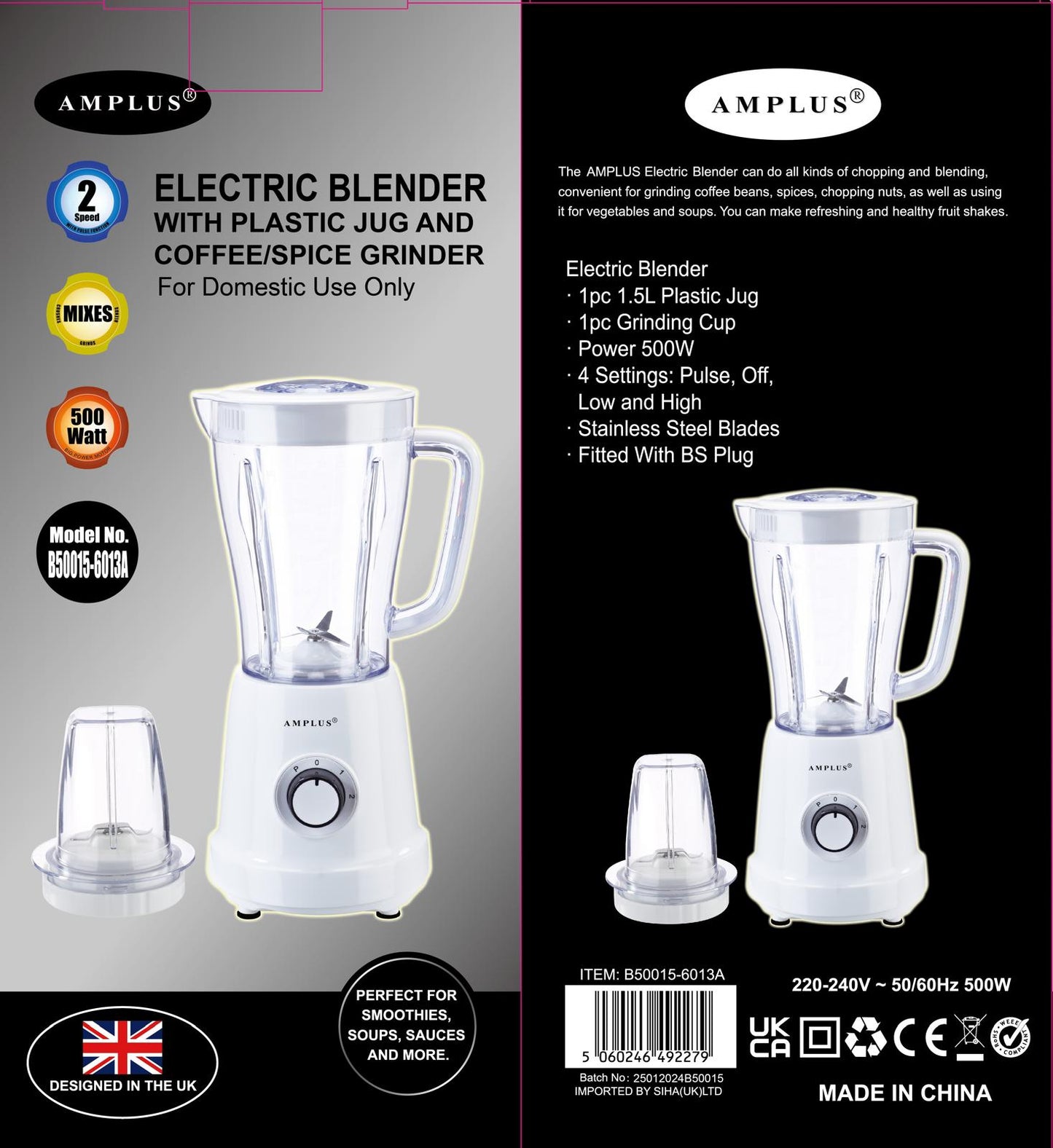 Amplus Blender with plastic jug and grinder 1.5L