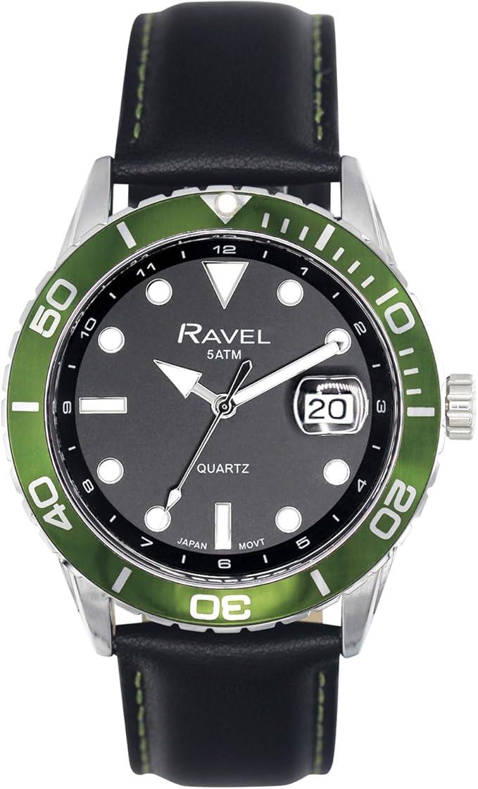 Ravel Mens Fashion Sports 42mm Round 5ATM Dated Dial Rotating Uni-Directional Bezel Black Leather Strap Watch RPD-M Available Multi Colors