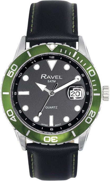 Ravel Mens Fashion Sports 42mm Round 5ATM Dated Dial Rotating Uni-Directional Bezel Black Leather Strap Watch RPD-M Available Multi Colors