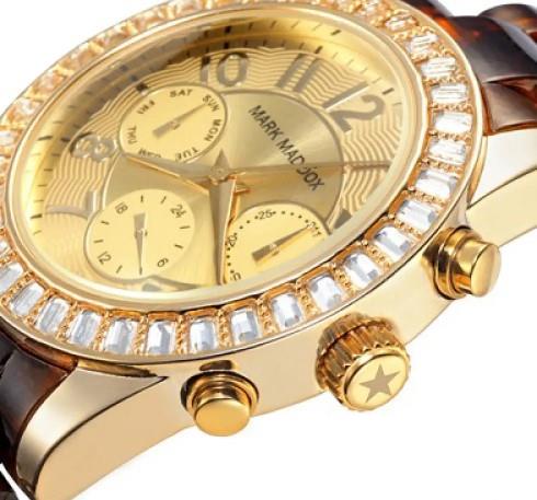 Mark Maddox Ladies Fashion Chronograph Day / Date Gold Plated Bling Dial Brown Bracelet watch  - CLEARANCE NEEDS RE-BATTERY