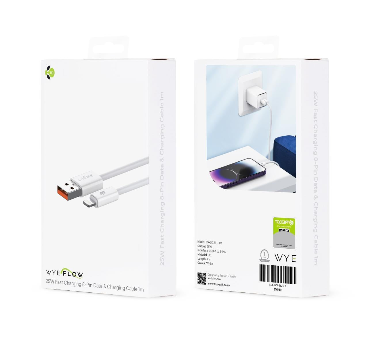 WYEFLOW 25W Fast Charging 8-Pin Data & Charging Cable 1m
