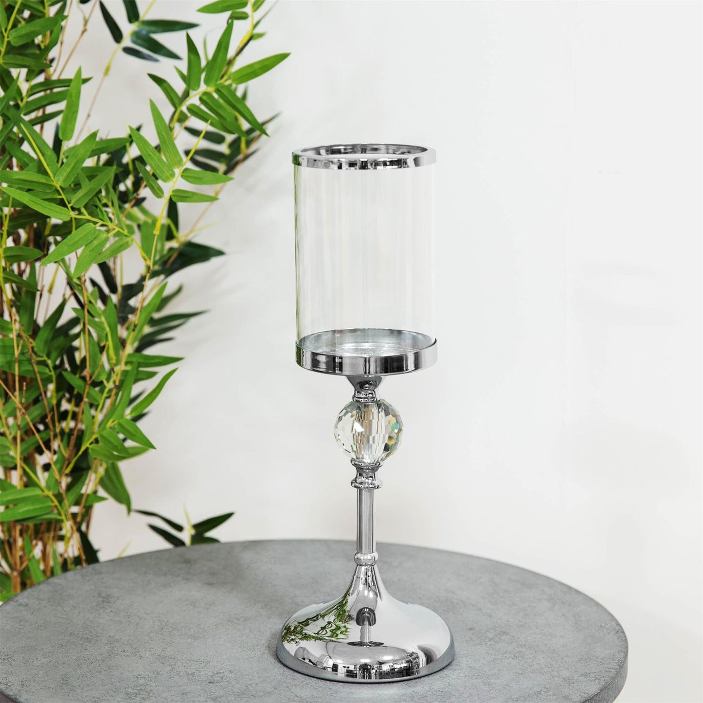 Hestia Chrome Finish and Glass Candle Holder 37cm