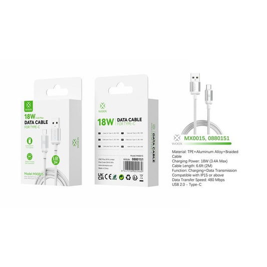 Woox MX0015 USB to Type C Braided Data Cable, 18W 3.4A Max, 6.6ft 2m, White
