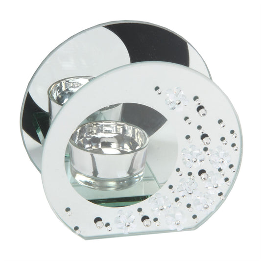Hestia Mirror Glass & Crystal Tea Light Holder Round Shaped