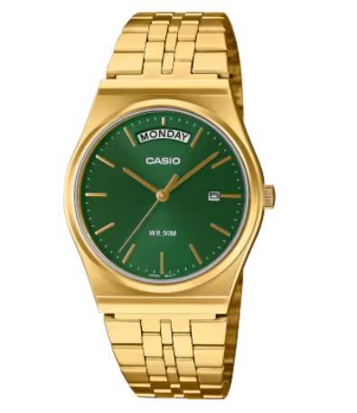 Casio Mens Basic Day Date Green Dial Gold Stainless Steel Bracelet Watch