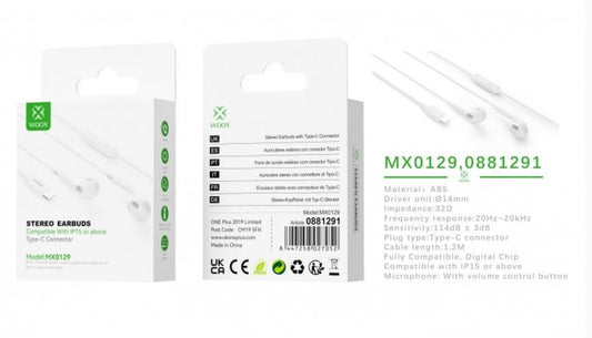 Woox MX0129 Fully Compatible TypeC Earphones with Mic, 1.2m, White
