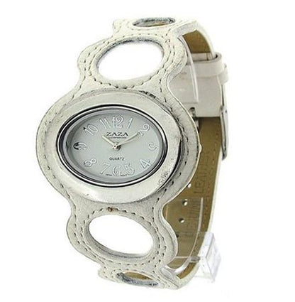 Zaza London Ladies Fashion Ring Design White Dial & White Leather Strap Watch - CLEARANCE NEEDS RE-BATTERY