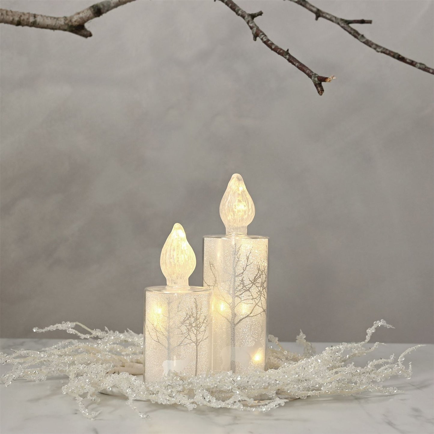 Silver Forest Scene Medium LED Glass Candle Light