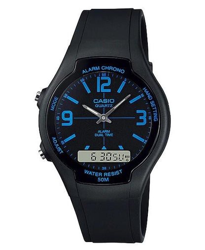 Casio Mens Dual Digital Time Black Rubber Strap Watch - AW-90H Available Multiple Color